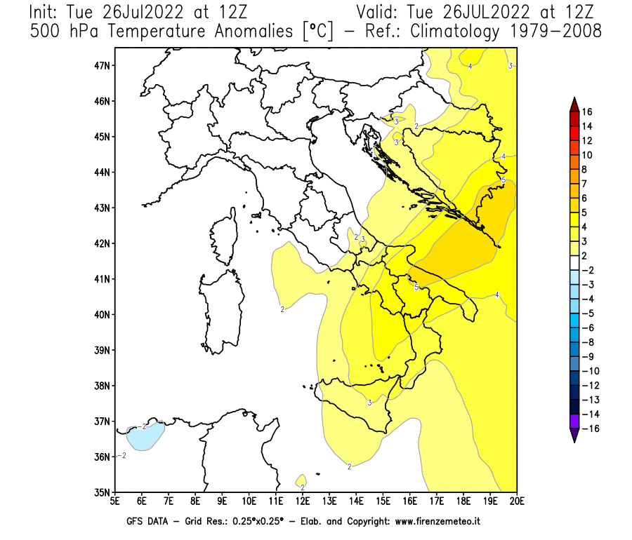 Mappa di analisi GFS - Anomalia Temperatura [°C] a 500 hPa in Italia
							del 26/07/2022 12 <!--googleoff: index-->UTC<!--googleon: index-->