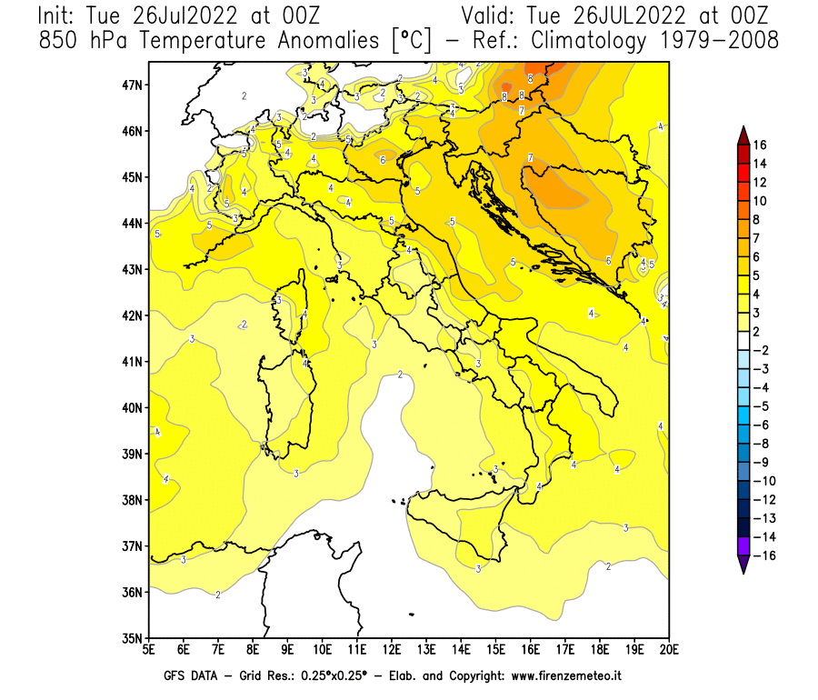 Mappa di analisi GFS - Anomalia Temperatura [°C] a 850 hPa in Italia
							del 26/07/2022 00 <!--googleoff: index-->UTC<!--googleon: index-->