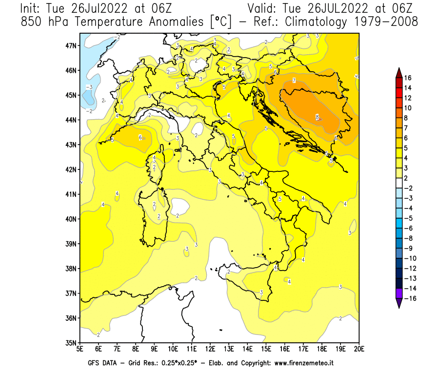 Mappa di analisi GFS - Anomalia Temperatura [°C] a 850 hPa in Italia
							del 26/07/2022 06 <!--googleoff: index-->UTC<!--googleon: index-->
