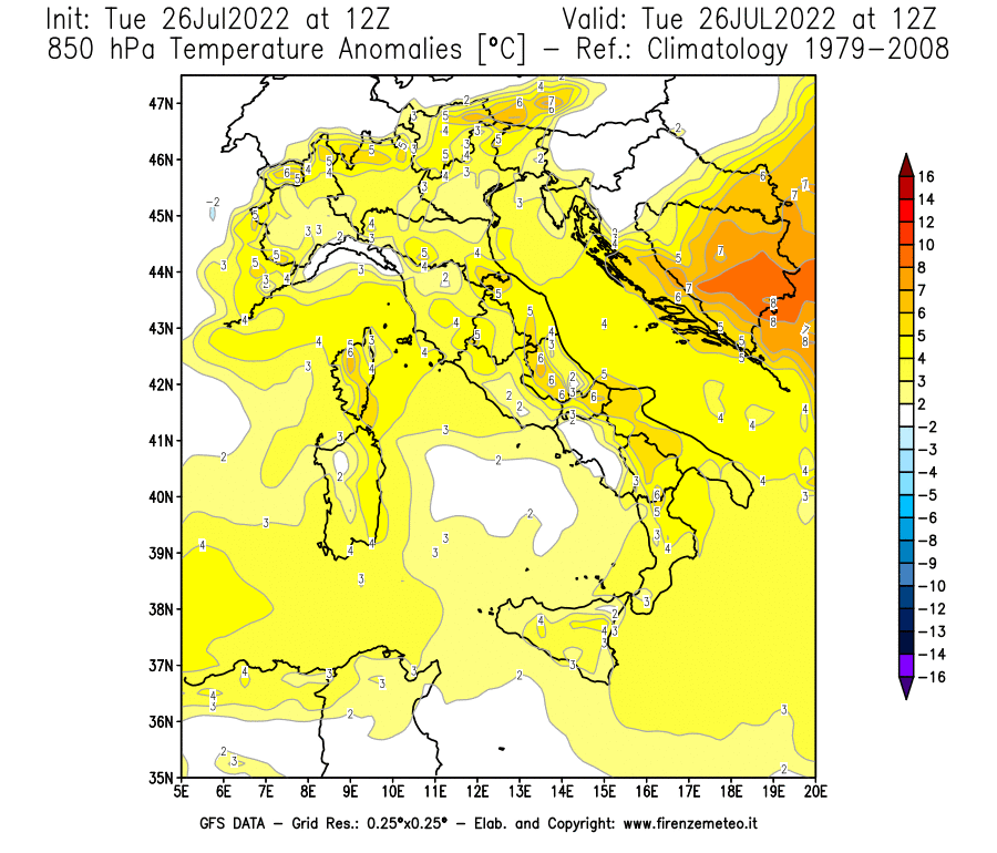 Mappa di analisi GFS - Anomalia Temperatura [°C] a 850 hPa in Italia
							del 26/07/2022 12 <!--googleoff: index-->UTC<!--googleon: index-->