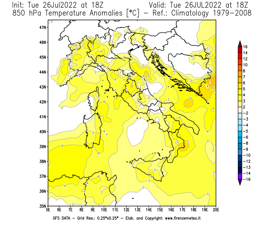 Mappa di analisi GFS - Anomalia Temperatura [°C] a 850 hPa in Italia
							del 26/07/2022 18 <!--googleoff: index-->UTC<!--googleon: index-->
