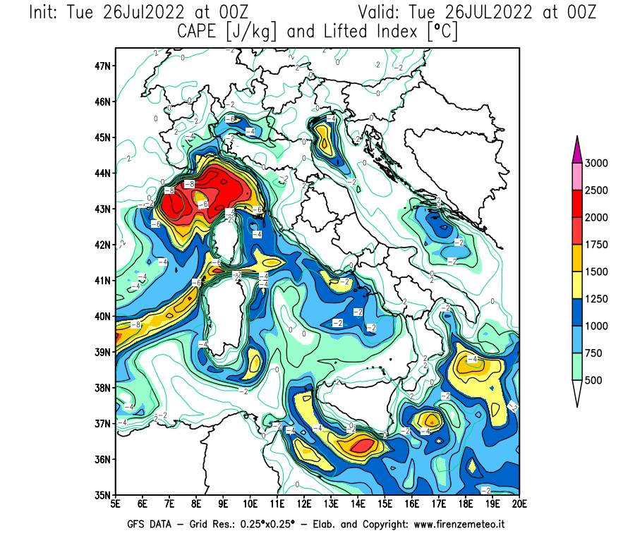 Mappa di analisi GFS - CAPE [J/kg] e Lifted Index [°C] in Italia
							del 26/07/2022 00 <!--googleoff: index-->UTC<!--googleon: index-->