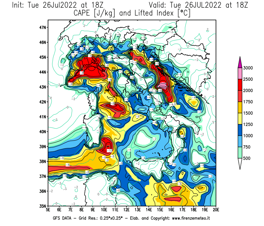 Mappa di analisi GFS - CAPE [J/kg] e Lifted Index [°C] in Italia
							del 26/07/2022 18 <!--googleoff: index-->UTC<!--googleon: index-->