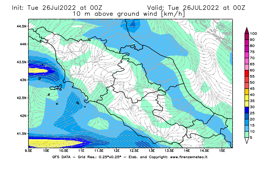 Mappa di analisi GFS - Velocità del vento a 10 metri dal suolo [km/h] in Centro-Italia
							del 26/07/2022 00 <!--googleoff: index-->UTC<!--googleon: index-->