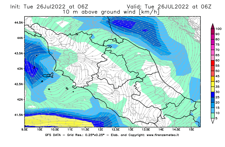 Mappa di analisi GFS - Velocità del vento a 10 metri dal suolo [km/h] in Centro-Italia
							del 26/07/2022 06 <!--googleoff: index-->UTC<!--googleon: index-->