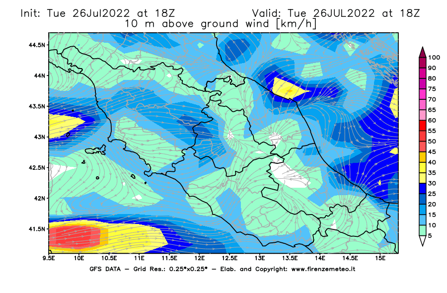 Mappa di analisi GFS - Velocità del vento a 10 metri dal suolo [km/h] in Centro-Italia
							del 26/07/2022 18 <!--googleoff: index-->UTC<!--googleon: index-->