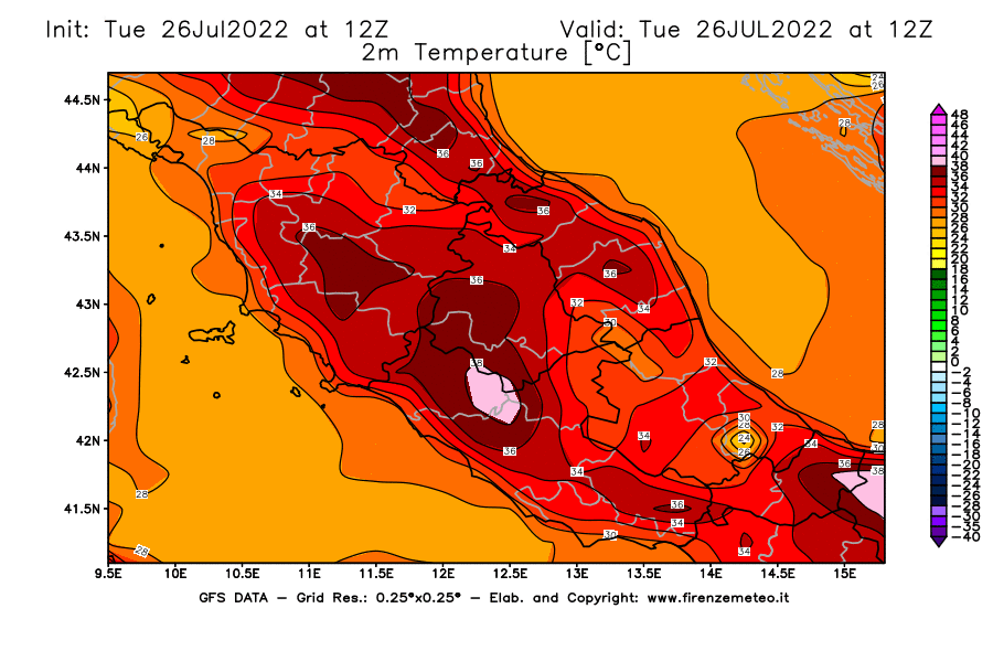 Mappa di analisi GFS - Temperatura a 2 metri dal suolo [°C] in Centro-Italia
							del 26/07/2022 12 <!--googleoff: index-->UTC<!--googleon: index-->
