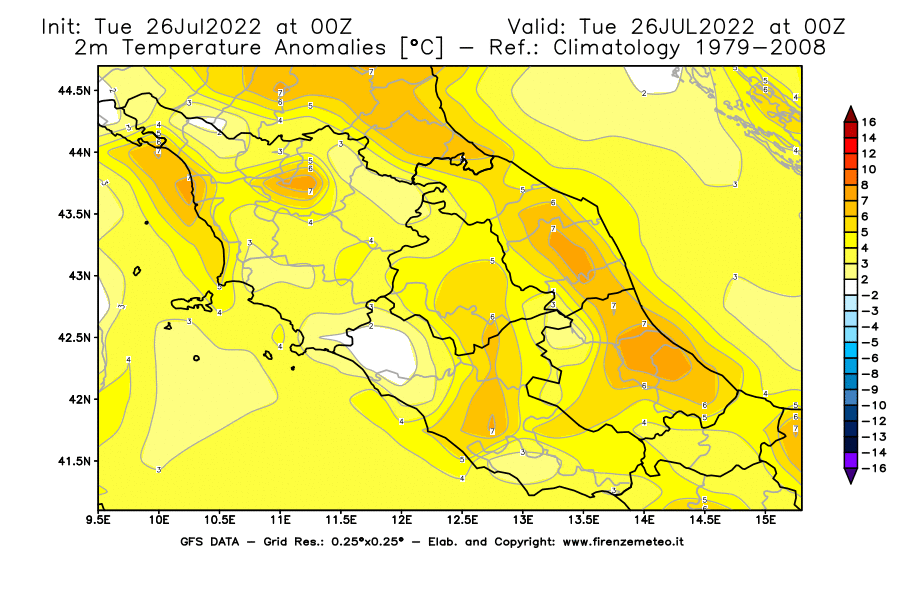Mappa di analisi GFS - Anomalia Temperatura [°C] a 2 m in Centro-Italia
							del 26/07/2022 00 <!--googleoff: index-->UTC<!--googleon: index-->