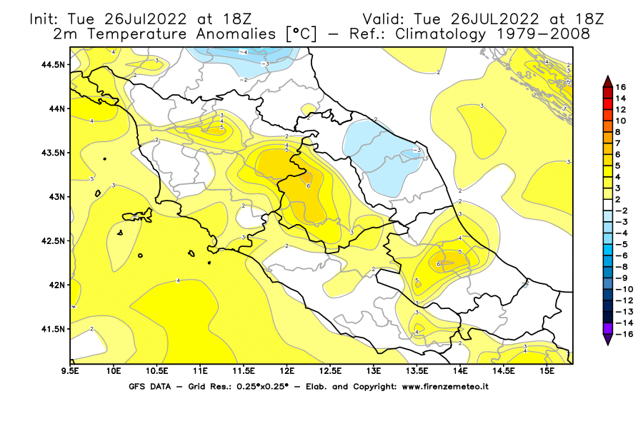 Mappa di analisi GFS - Anomalia Temperatura [°C] a 2 m in Centro-Italia
							del 26/07/2022 18 <!--googleoff: index-->UTC<!--googleon: index-->