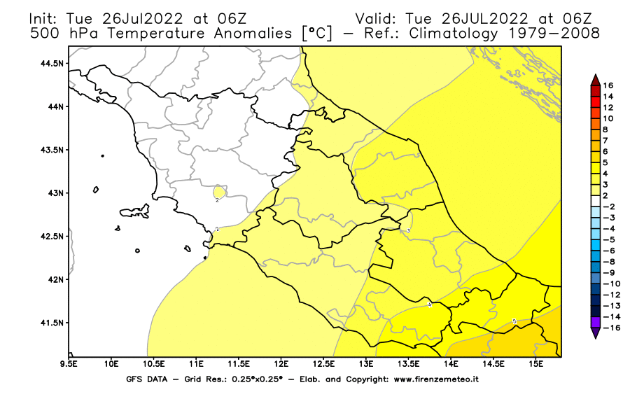 Mappa di analisi GFS - Anomalia Temperatura [°C] a 500 hPa in Centro-Italia
							del 26/07/2022 06 <!--googleoff: index-->UTC<!--googleon: index-->