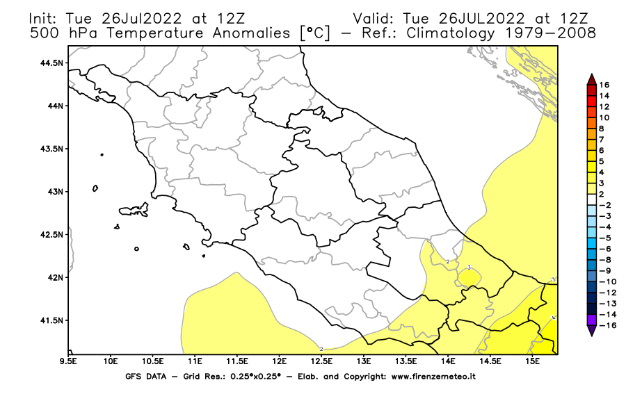 Mappa di analisi GFS - Anomalia Temperatura [°C] a 500 hPa in Centro-Italia
							del 26/07/2022 12 <!--googleoff: index-->UTC<!--googleon: index-->