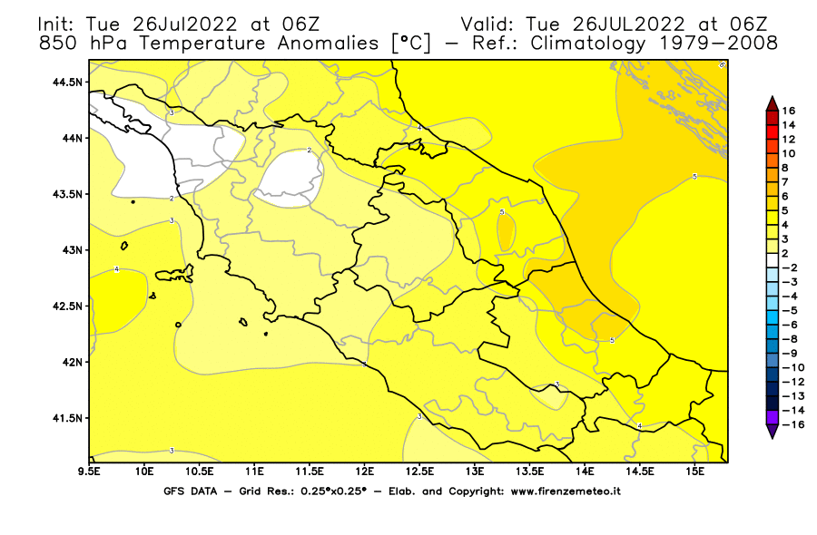 Mappa di analisi GFS - Anomalia Temperatura [°C] a 850 hPa in Centro-Italia
							del 26/07/2022 06 <!--googleoff: index-->UTC<!--googleon: index-->