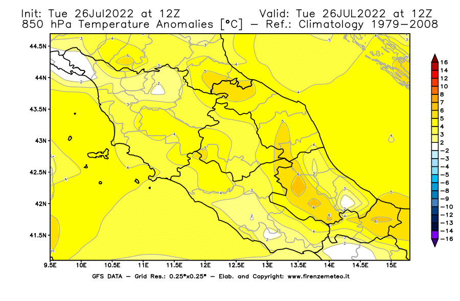 Mappa di analisi GFS - Anomalia Temperatura [°C] a 850 hPa in Centro-Italia
							del 26/07/2022 12 <!--googleoff: index-->UTC<!--googleon: index-->