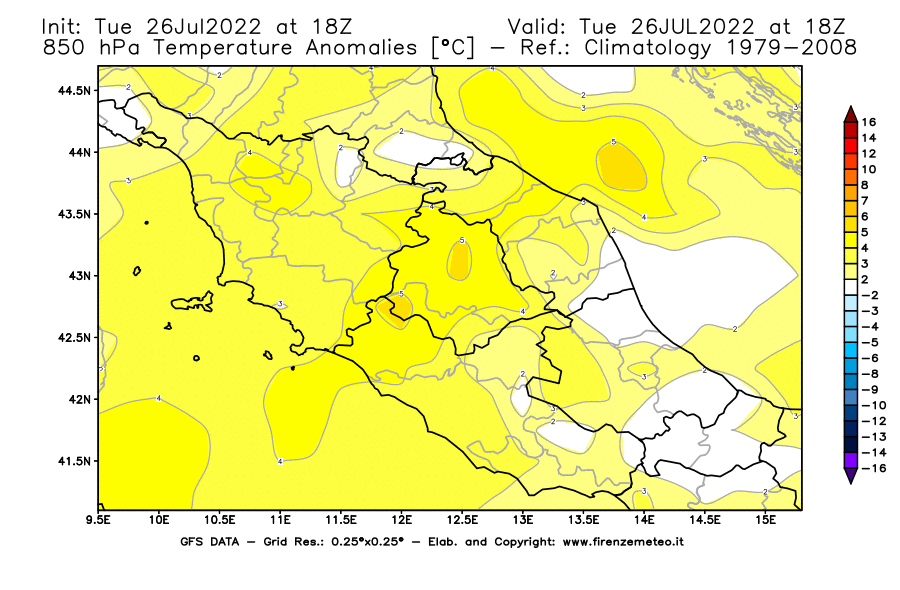 Mappa di analisi GFS - Anomalia Temperatura [°C] a 850 hPa in Centro-Italia
							del 26/07/2022 18 <!--googleoff: index-->UTC<!--googleon: index-->
