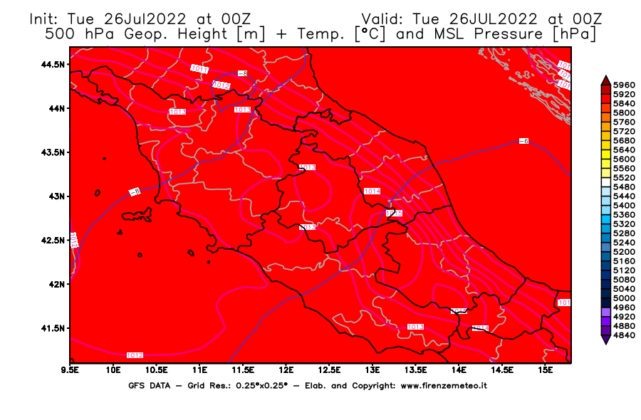 Mappa di analisi GFS - Geopotenziale [m] + Temp. [°C] a 500 hPa + Press. a livello del mare [hPa] in Centro-Italia
							del 26/07/2022 00 <!--googleoff: index-->UTC<!--googleon: index-->