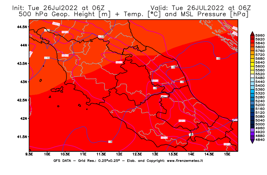 Mappa di analisi GFS - Geopotenziale [m] + Temp. [°C] a 500 hPa + Press. a livello del mare [hPa] in Centro-Italia
							del 26/07/2022 06 <!--googleoff: index-->UTC<!--googleon: index-->