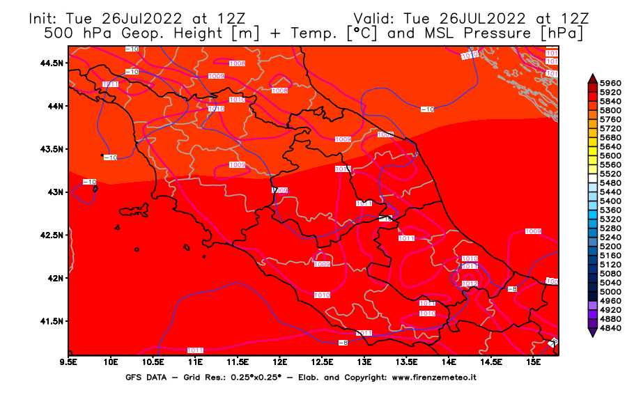 Mappa di analisi GFS - Geopotenziale [m] + Temp. [°C] a 500 hPa + Press. a livello del mare [hPa] in Centro-Italia
							del 26/07/2022 12 <!--googleoff: index-->UTC<!--googleon: index-->