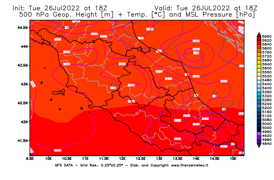 Mappa di analisi GFS - Geopotenziale [m] + Temp. [°C] a 500 hPa + Press. a livello del mare [hPa] in Centro-Italia
							del 26/07/2022 18 <!--googleoff: index-->UTC<!--googleon: index-->