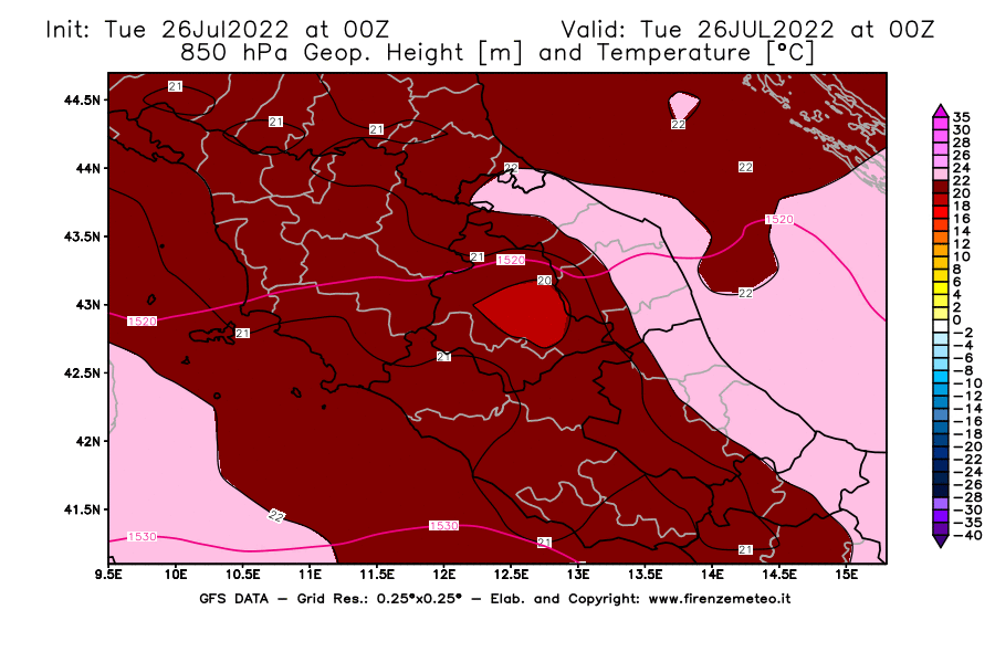 Mappa di analisi GFS - Geopotenziale [m] e Temperatura [°C] a 850 hPa in Centro-Italia
							del 26/07/2022 00 <!--googleoff: index-->UTC<!--googleon: index-->