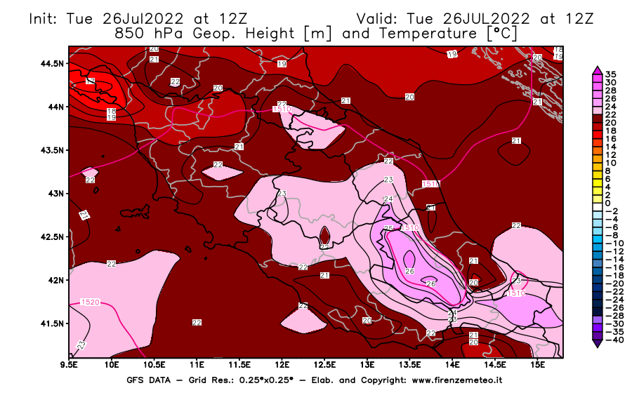 Mappa di analisi GFS - Geopotenziale [m] e Temperatura [°C] a 850 hPa in Centro-Italia
							del 26/07/2022 12 <!--googleoff: index-->UTC<!--googleon: index-->