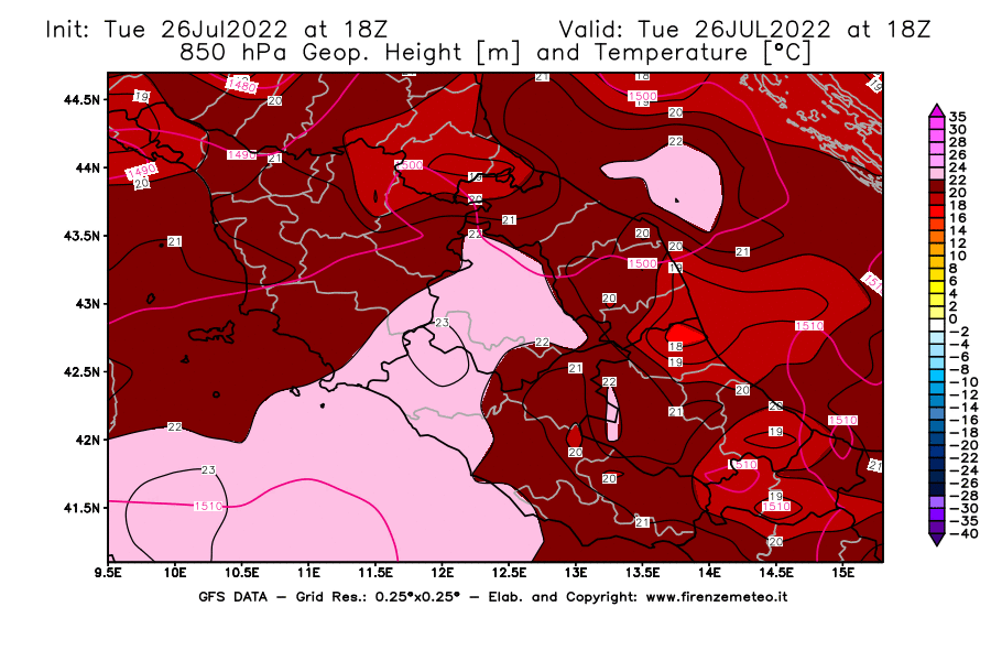Mappa di analisi GFS - Geopotenziale [m] e Temperatura [°C] a 850 hPa in Centro-Italia
							del 26/07/2022 18 <!--googleoff: index-->UTC<!--googleon: index-->