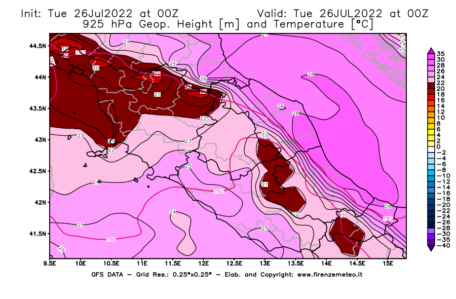 Mappa di analisi GFS - Geopotenziale [m] e Temperatura [°C] a 925 hPa in Centro-Italia
							del 26/07/2022 00 <!--googleoff: index-->UTC<!--googleon: index-->