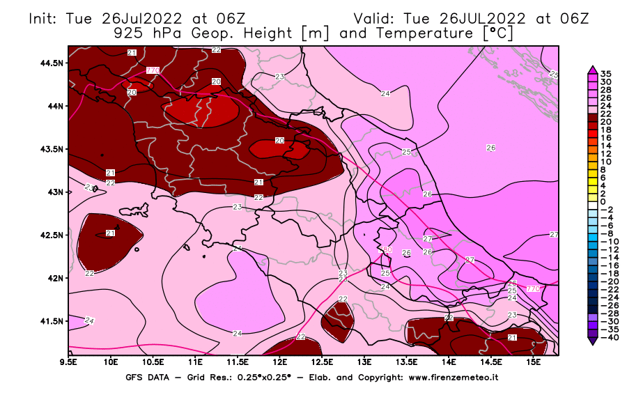 Mappa di analisi GFS - Geopotenziale [m] e Temperatura [°C] a 925 hPa in Centro-Italia
							del 26/07/2022 06 <!--googleoff: index-->UTC<!--googleon: index-->