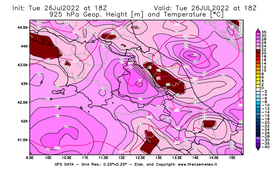 Mappa di analisi GFS - Geopotenziale [m] e Temperatura [°C] a 925 hPa in Centro-Italia
							del 26/07/2022 18 <!--googleoff: index-->UTC<!--googleon: index-->