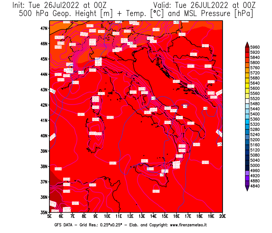 Mappa di analisi GFS - Geopotenziale [m] + Temp. [°C] a 500 hPa + Press. a livello del mare [hPa] in Italia
							del 26/07/2022 00 <!--googleoff: index-->UTC<!--googleon: index-->