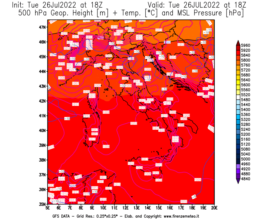 Mappa di analisi GFS - Geopotenziale [m] + Temp. [°C] a 500 hPa + Press. a livello del mare [hPa] in Italia
							del 26/07/2022 18 <!--googleoff: index-->UTC<!--googleon: index-->