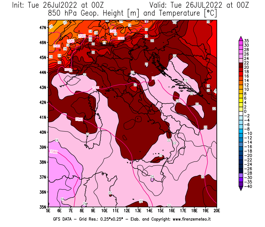 Mappa di analisi GFS - Geopotenziale [m] e Temperatura [°C] a 850 hPa in Italia
							del 26/07/2022 00 <!--googleoff: index-->UTC<!--googleon: index-->