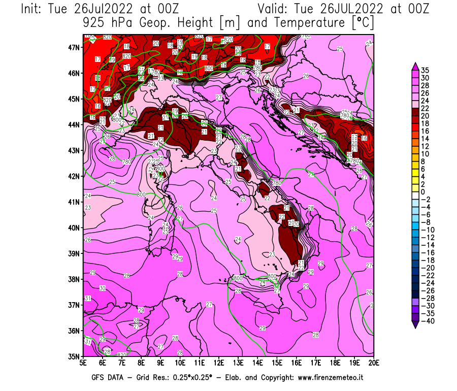 Mappa di analisi GFS - Geopotenziale [m] e Temperatura [°C] a 925 hPa in Italia
							del 26/07/2022 00 <!--googleoff: index-->UTC<!--googleon: index-->