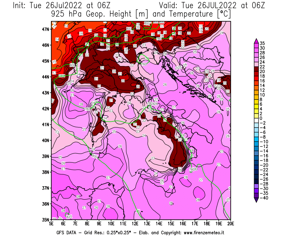 Mappa di analisi GFS - Geopotenziale [m] e Temperatura [°C] a 925 hPa in Italia
							del 26/07/2022 06 <!--googleoff: index-->UTC<!--googleon: index-->