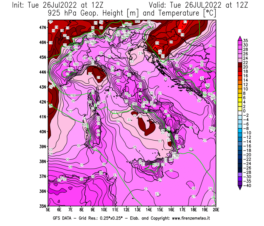 Mappa di analisi GFS - Geopotenziale [m] e Temperatura [°C] a 925 hPa in Italia
							del 26/07/2022 12 <!--googleoff: index-->UTC<!--googleon: index-->