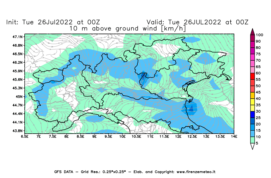 Mappa di analisi GFS - Velocità del vento a 10 metri dal suolo [km/h] in Nord-Italia
							del 26/07/2022 00 <!--googleoff: index-->UTC<!--googleon: index-->