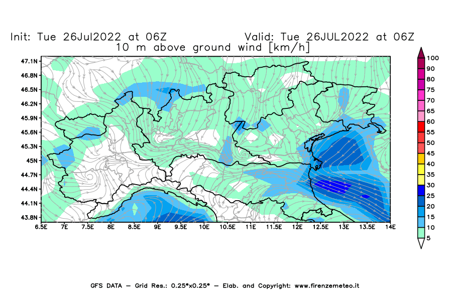 Mappa di analisi GFS - Velocità del vento a 10 metri dal suolo [km/h] in Nord-Italia
							del 26/07/2022 06 <!--googleoff: index-->UTC<!--googleon: index-->
