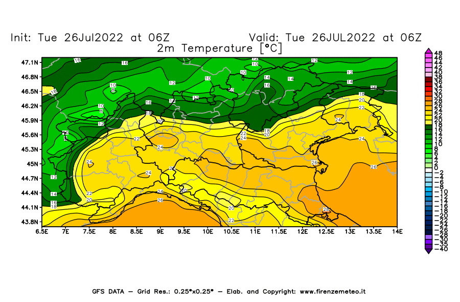 Mappa di analisi GFS - Temperatura a 2 metri dal suolo [°C] in Nord-Italia
							del 26/07/2022 06 <!--googleoff: index-->UTC<!--googleon: index-->