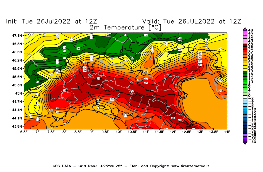 Mappa di analisi GFS - Temperatura a 2 metri dal suolo [°C] in Nord-Italia
							del 26/07/2022 12 <!--googleoff: index-->UTC<!--googleon: index-->