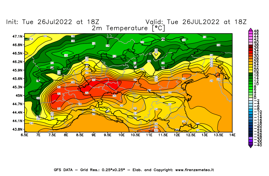 Mappa di analisi GFS - Temperatura a 2 metri dal suolo [°C] in Nord-Italia
							del 26/07/2022 18 <!--googleoff: index-->UTC<!--googleon: index-->