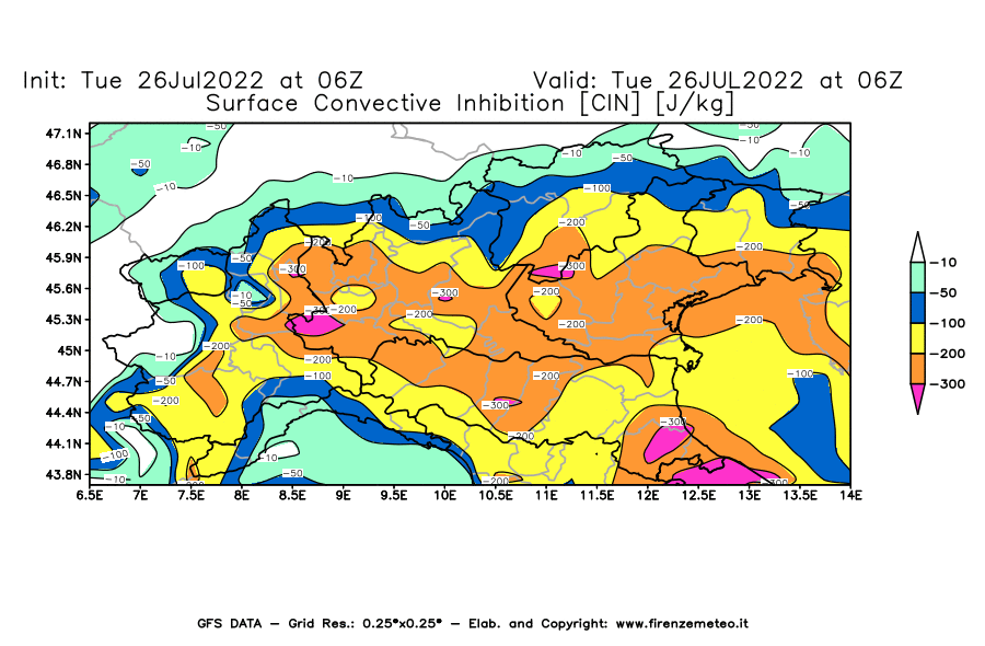 Mappa di analisi GFS - CIN [J/kg] in Nord-Italia
							del 26/07/2022 06 <!--googleoff: index-->UTC<!--googleon: index-->
