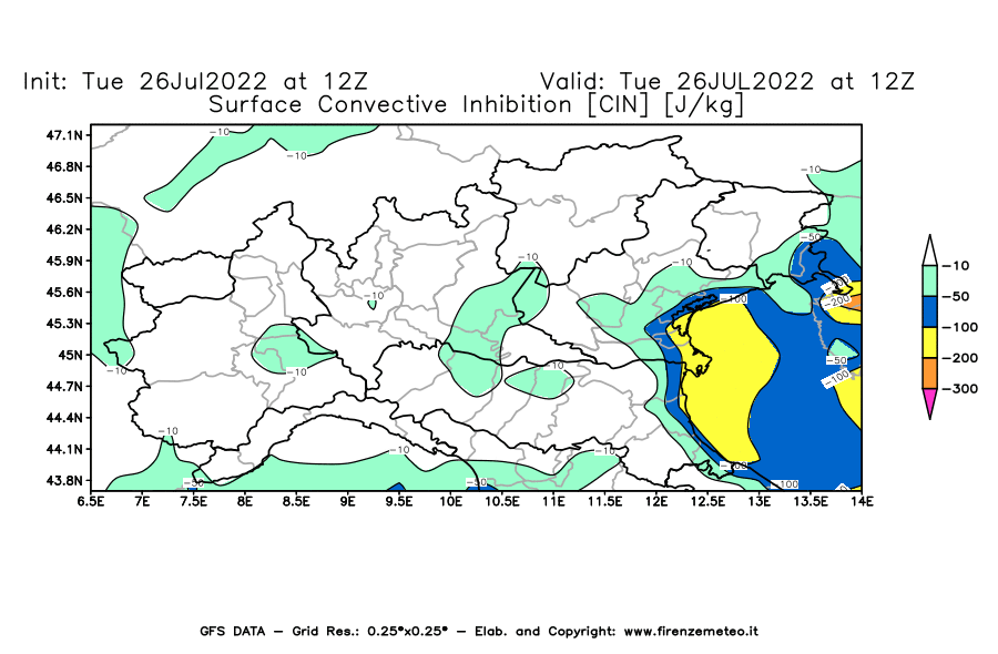 Mappa di analisi GFS - CIN [J/kg] in Nord-Italia
							del 26/07/2022 12 <!--googleoff: index-->UTC<!--googleon: index-->