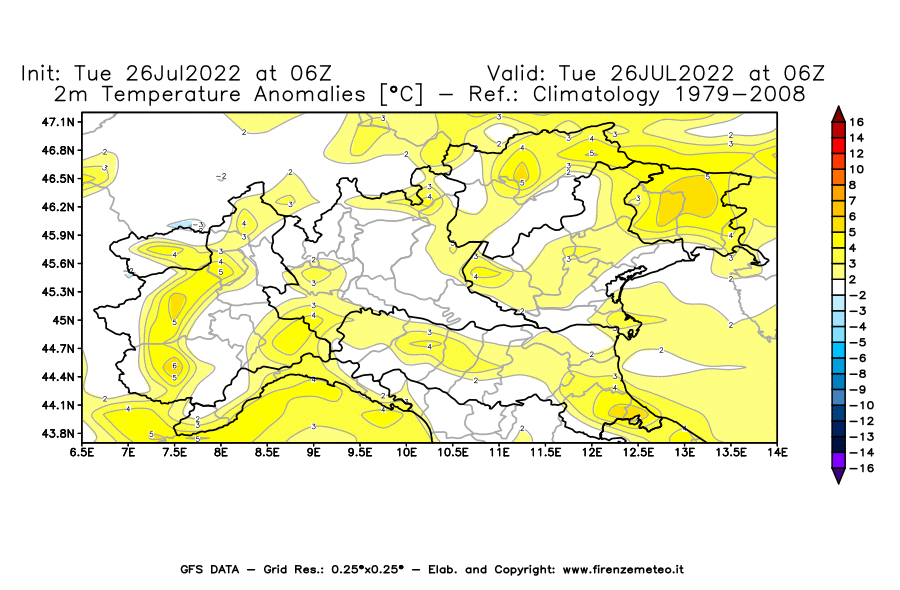 Mappa di analisi GFS - Anomalia Temperatura [°C] a 2 m in Nord-Italia
							del 26/07/2022 06 <!--googleoff: index-->UTC<!--googleon: index-->