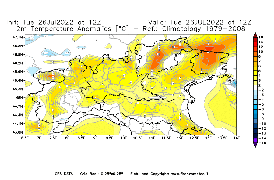 Mappa di analisi GFS - Anomalia Temperatura [°C] a 2 m in Nord-Italia
							del 26/07/2022 12 <!--googleoff: index-->UTC<!--googleon: index-->