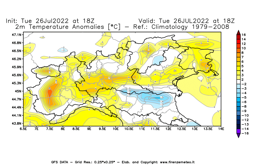Mappa di analisi GFS - Anomalia Temperatura [°C] a 2 m in Nord-Italia
							del 26/07/2022 18 <!--googleoff: index-->UTC<!--googleon: index-->