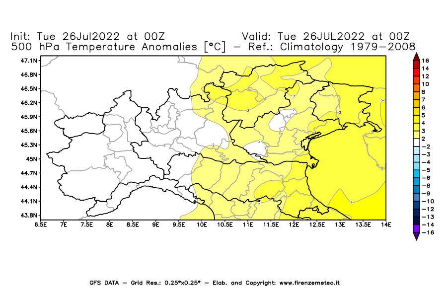 Mappa di analisi GFS - Anomalia Temperatura [°C] a 500 hPa in Nord-Italia
							del 26/07/2022 00 <!--googleoff: index-->UTC<!--googleon: index-->