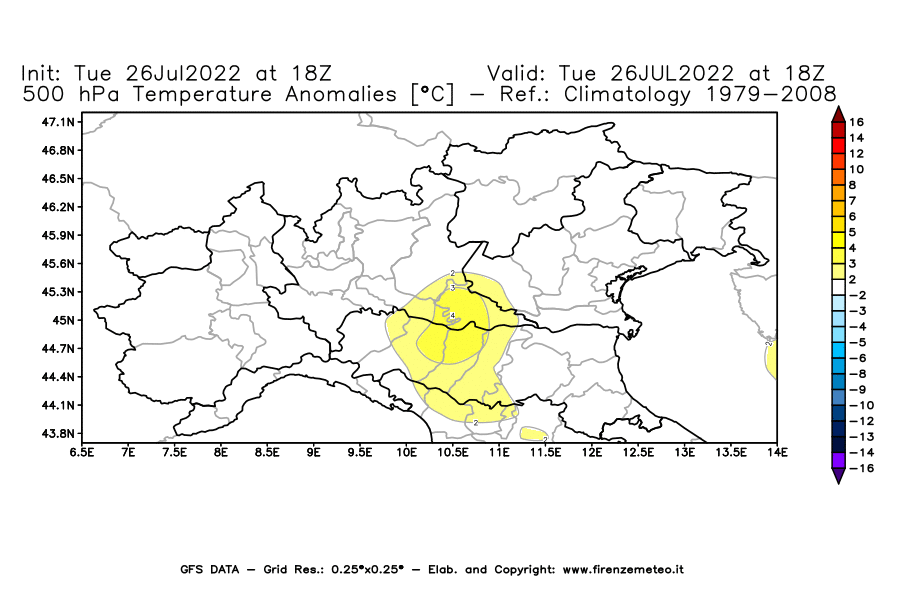 Mappa di analisi GFS - Anomalia Temperatura [°C] a 500 hPa in Nord-Italia
							del 26/07/2022 18 <!--googleoff: index-->UTC<!--googleon: index-->