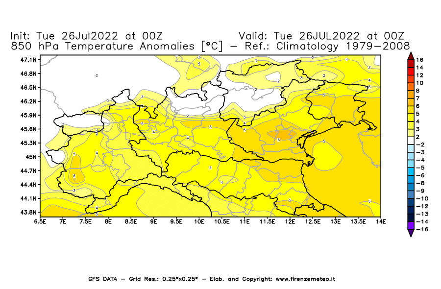 Mappa di analisi GFS - Anomalia Temperatura [°C] a 850 hPa in Nord-Italia
							del 26/07/2022 00 <!--googleoff: index-->UTC<!--googleon: index-->