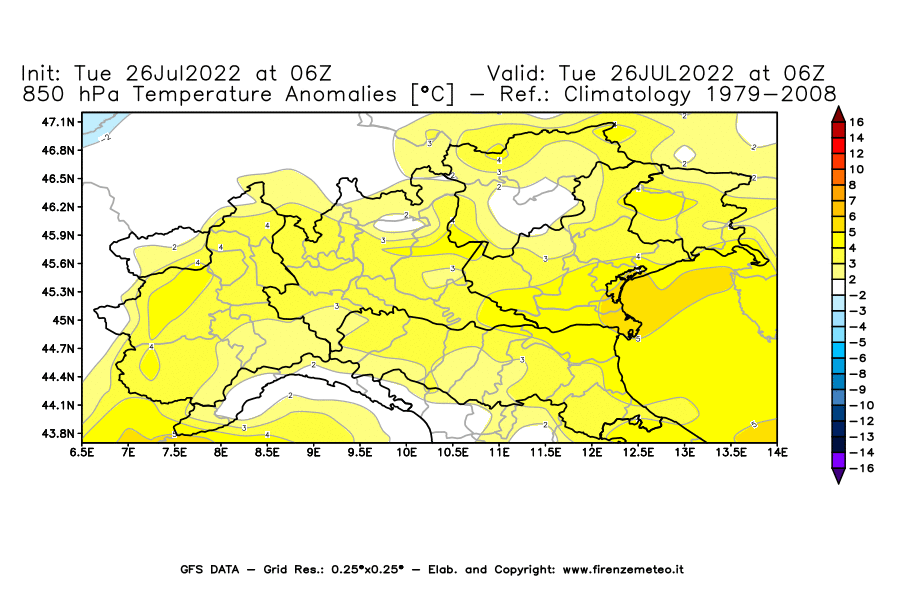 Mappa di analisi GFS - Anomalia Temperatura [°C] a 850 hPa in Nord-Italia
							del 26/07/2022 06 <!--googleoff: index-->UTC<!--googleon: index-->