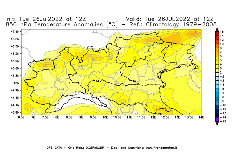 Mappa di analisi GFS - Anomalia Temperatura [°C] a 850 hPa in Nord-Italia
							del 26/07/2022 12 <!--googleoff: index-->UTC<!--googleon: index-->