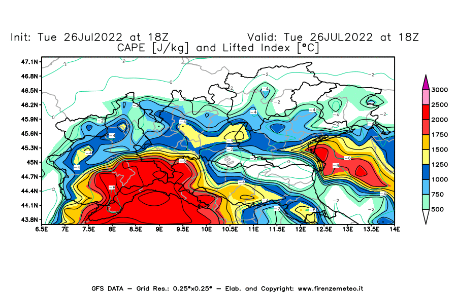Mappa di analisi GFS - CAPE [J/kg] e Lifted Index [°C] in Nord-Italia
							del 26/07/2022 18 <!--googleoff: index-->UTC<!--googleon: index-->